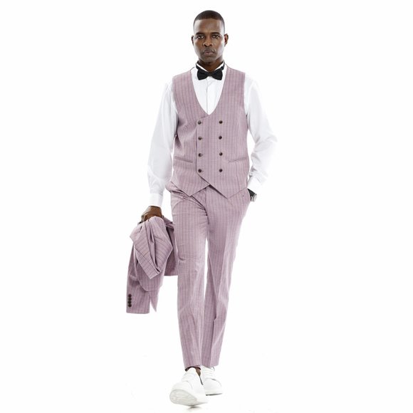 Men's Pinstripe 3-Piece Suit w/ Double Breasted Vest, Dusty Rose - Picture 7 of 8
